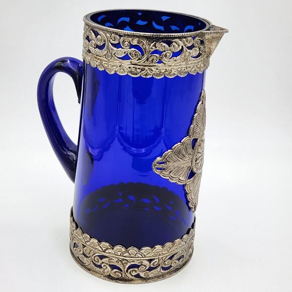 Cobalt Blue Pitcher with Silver Toned Filigree - Picture 5 of 15